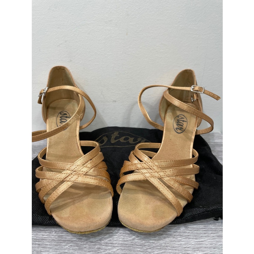 Star Dance Tan Satin Ballroom Latin Salsa Shoes Strappy Heels Womens 7.5